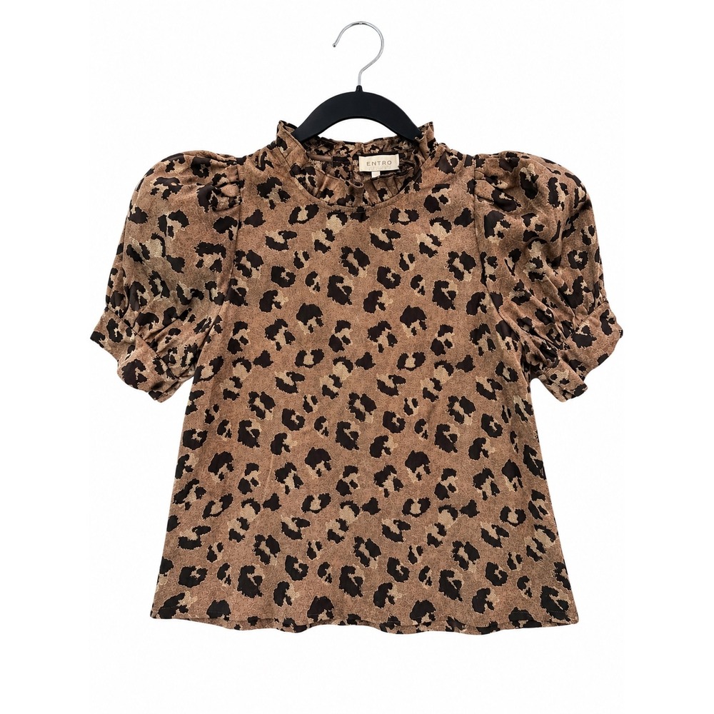 Entro Leopard Print Puff Sleeve Blouse Metallic Jacquard Ruffle Neck Brown L